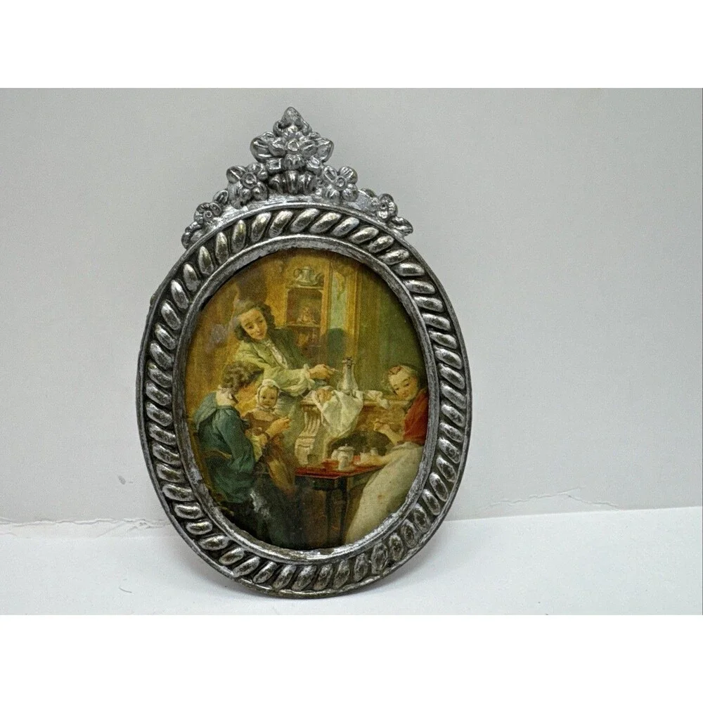 Antique style miniature bronze - gold oval picture frame ornate details W/ Photo